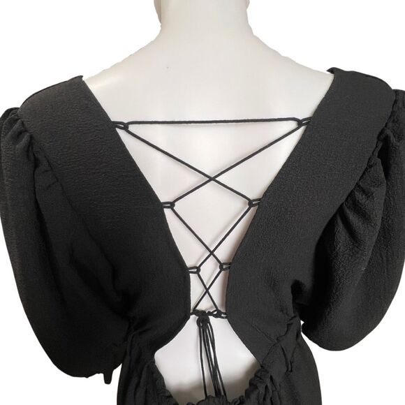 SHEIN Dress 3X Black Square Neck Romantic Tie Back Puff Sleeve Mini Black Dress - Picture 4 of 13